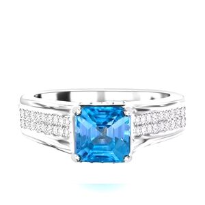 Genuine Blue Zircon Bridge Ring Sterling Silver Platinum Overlay Size 6!
